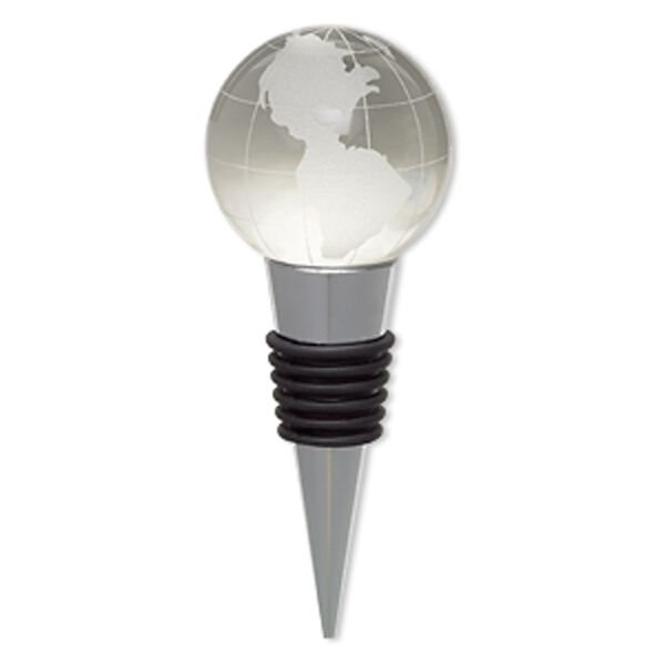 Bottle stopper, glass / rubber / silver-plated "pewter" (zinc-based alloy), frosted clear, 4x1-1/2 inches with 39mm globe. Sold individually. image number 0