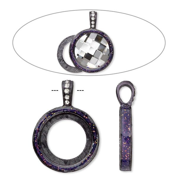 Pendant, Almost Instant Jewelry®, epoxy / crystals / gunmetal-finished "pewter" (zinc-based alloy), amethyst purple and crystal clear with glitter, 33x24mm single-sided with 20mm round setting. Sold individually. image number 0