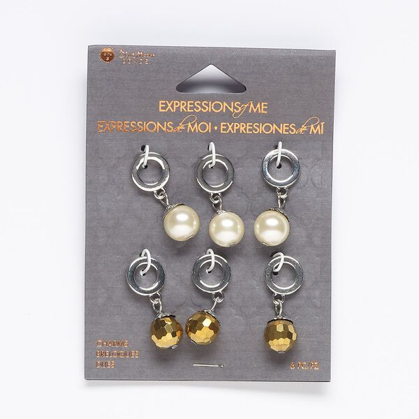 Drop, acrylic / acrylic pearl / silver-finished "pewter" (zinc-based alloy) / steel, cream and topaz, 28x11mm round and faceted round with 6.5mm hole. Sold per pkg of 6. image number 0