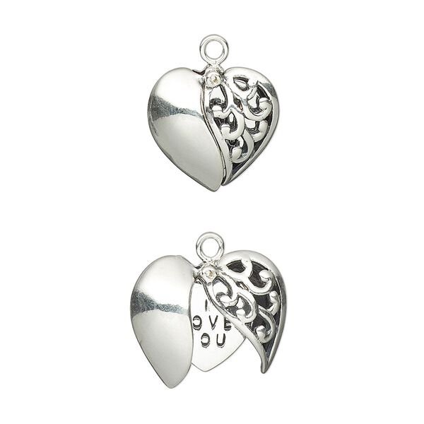 Charm, antiqued sterling silver, 13.5mm single-sided winged puffed heart with cutout design and "I Love You" inner heart. Sold individually. image number 0