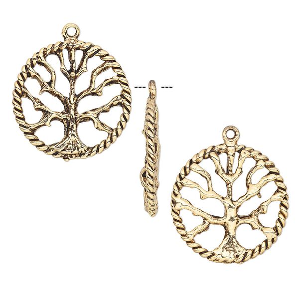 Drop, antique gold-plated pewter (tin-based alloy), 22mm tree of life round. Sold per pkg of 2. image number 0