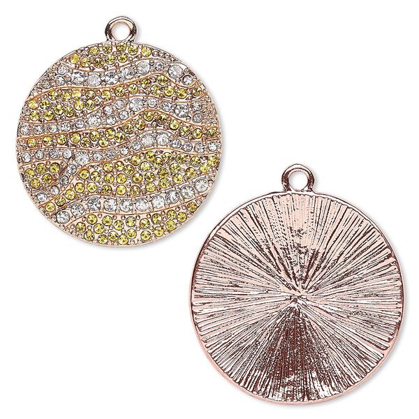 Focal, glass rhinestone and copper-finished "pewter" (zinc-based alloy), clear and yellow, 36mm round with stripe design. Sold individually. image number 0