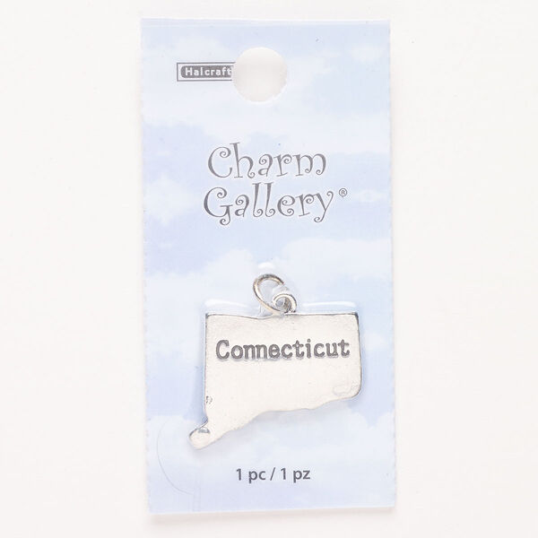 Charm, steel and enamel, pkg/1, silver finish and black, 24x19mm with "Connecticut." image number 0