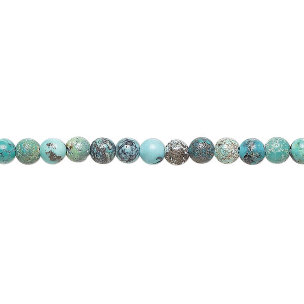 Bead, turquoise (stabilized), blue-green, 3-4mm round with matrix and 0.4-1mm hole, C- grade, Mohs hardness 5 to 6. Sold per 15-inch strand. image number 0