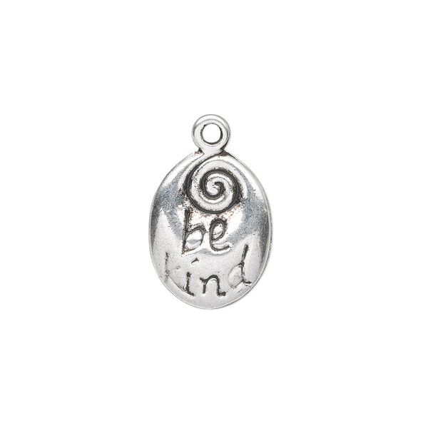 Drop, antique silver-plated "pewter" (zinc-based alloy), 17x13mm double-sided oval with "be kind." Sold per pkg of 10. image number 0