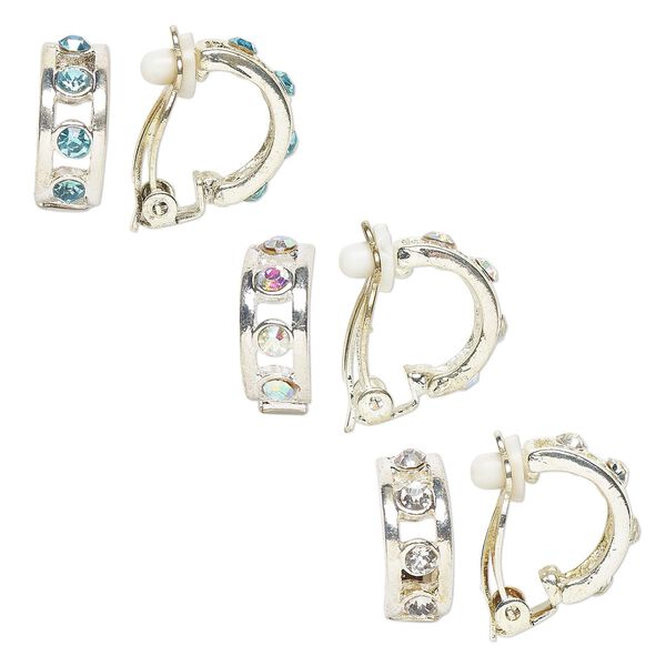 Earring mix, clip-on, Everyday Jewelry, imitation rhodium-finished "pewter" (zinc-based alloy) and glass, multicolored, 16mm. Sold per pkg of 3 pairs. image number 0