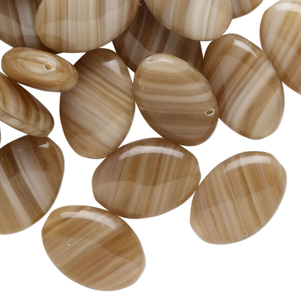 Bead, pressed glass, translucent light brown and white, 16x11mm-16x12mm puffed oval with line design. Sold per 2-ounce pkg, approximately 45 beads. image number 0