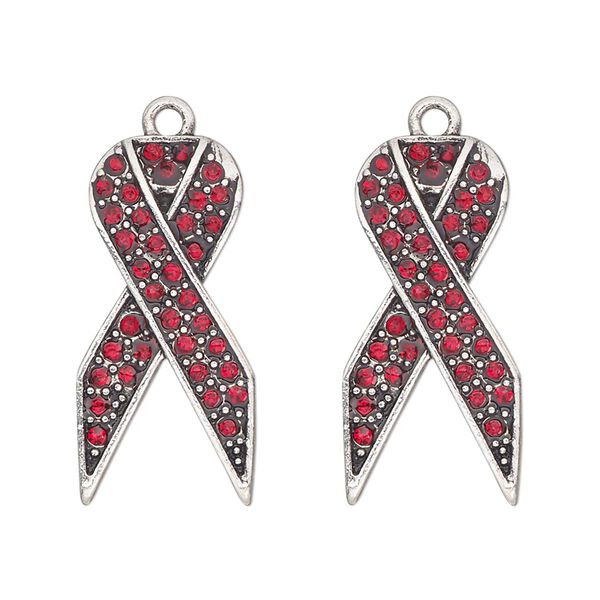 Charm, antique silver-finished "pewter" (zinc-based alloy) and glass, red, 27x13mm single-sided awareness ribbon. Sold per pkg of 2. image number 0