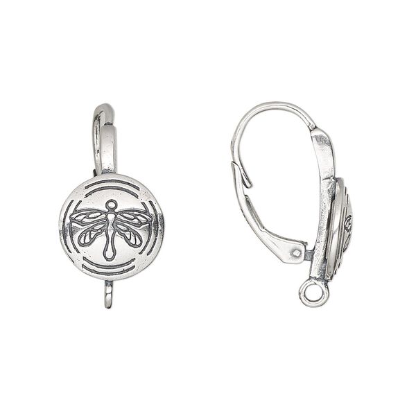 Ear wire leverback 1pkg2 sterling silver, 22mm / 11mm round / dragonfly / closed loop, antiqued 1 pair image number 0