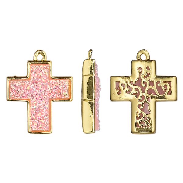 Drop, Druzylite™, "druzy" (resin) and gold-finished brass, pink, 18x16mm two-sided cross with open filigree back. Sold per pkg of 4. image number 0
