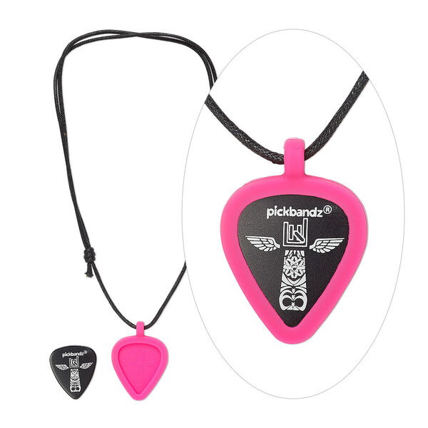 Necklace component, pickbandz®, silicone and waxed cotton, Hollywood pink and black, 30x26mm double-sided guitar pick setting, adjustable up to 28 inches with slip knot closure. Sold individually. image number 0