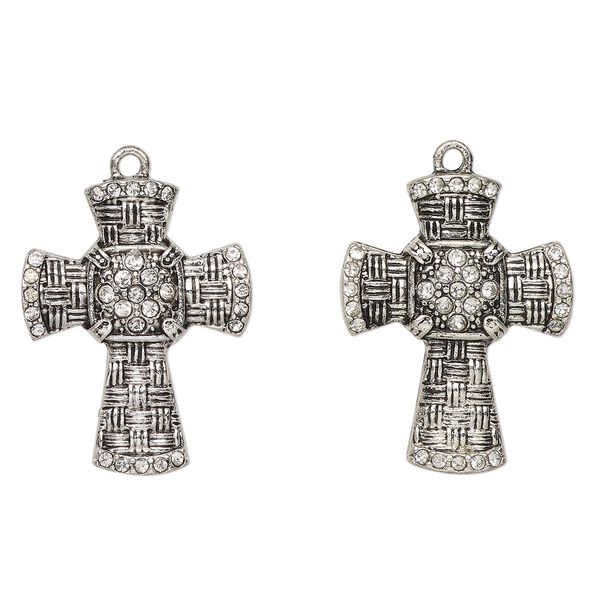 Focal, antique silver-finished "pewter" (zinc-based alloy) and glass, clear, 30x23mm weaved cross. Sold per pkg of 2. image number 0