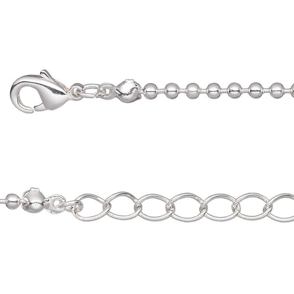 Chain, silver-plated brass, 2mm ball, 7-1/2 inches with 1-1/4 inch extender chain and lobster claw clasp. Sold per pkg of 6. image number 0