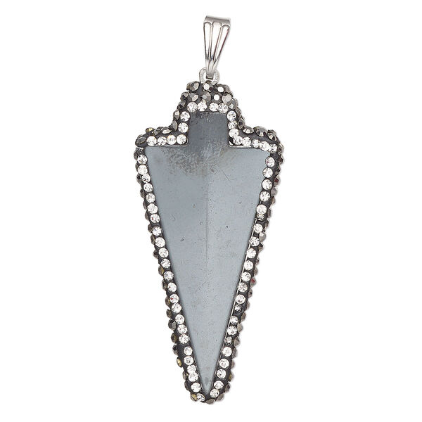 Hemalyke™ / brass / glass rhinestone 1pkg1, silver-finished 1-sided arrowhead pendant 44x21mm image number 0