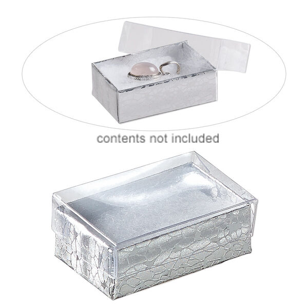 Box, plastic and paper, "cotton"-filled, silver and clear, 1-7/8 x 1-1/4 x 5/8 inch rectangle. Sold per pkg of 10. image number 0