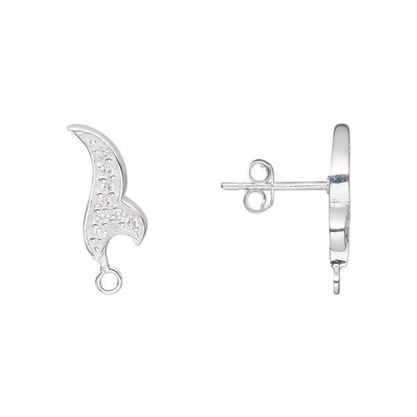 Earstud, sterling silver and cubic zirconia, clear, 18x6mm leaf with closed loop. Sold per pair. image number 0