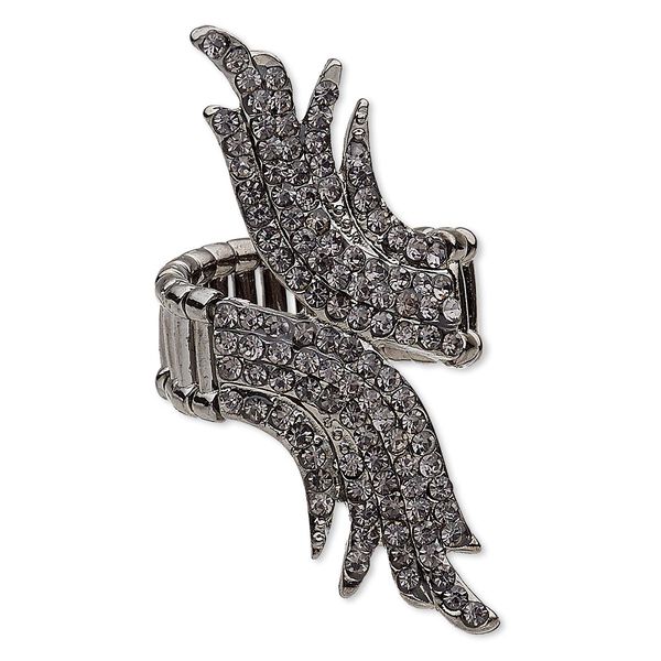 Ring, stretch, glass rhinestone and gunmetal-plated "pewter" (zinc-based alloy), grey, 54x20mm wings. Sold individually. image number 0