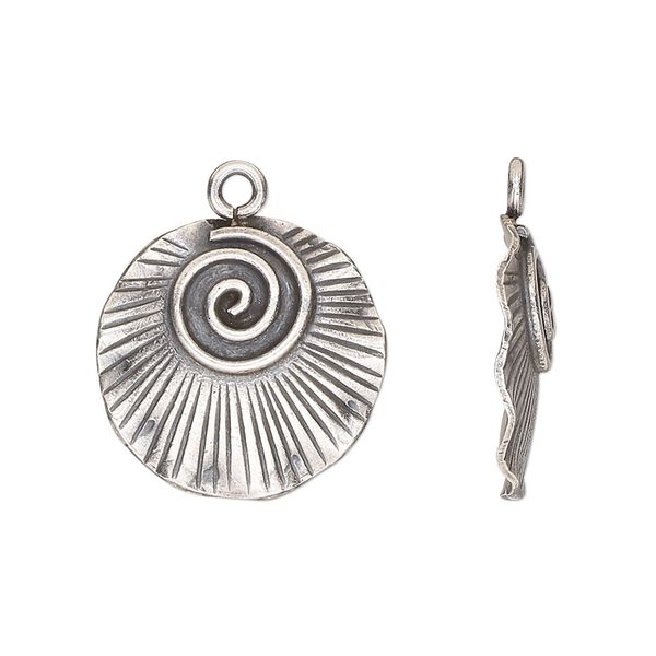 Drop, antiqued fine silver, 19mm single-sided wavy round with right swirl pattern. Sold individually. image number 0