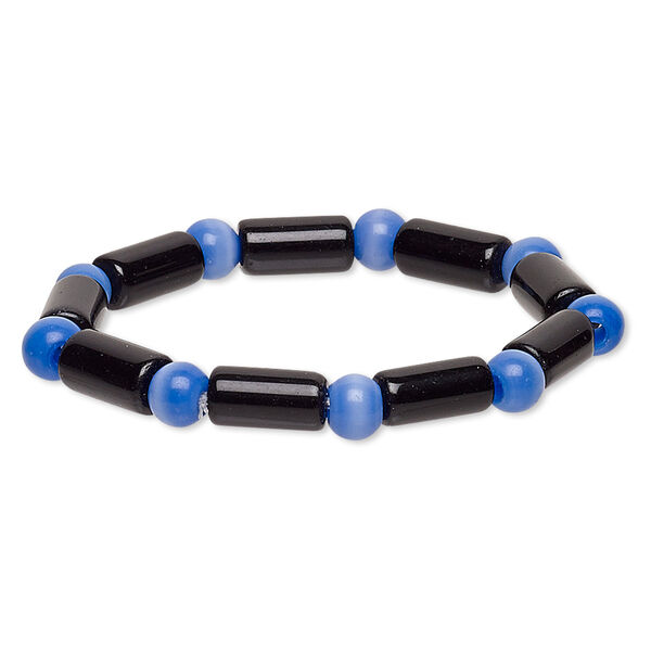 Bracelet, stretch, glass and cat's eye glass, opaque cobalt and black, 7-8mm round and 14x7mm-15x8mm round tube, 7 inches. Sold individually. image number 0