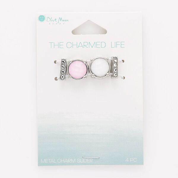 Slide, glass and silver-finished "pewter" (zinc-based alloy), pink / white / clear, 12mm round and 12.5x3mm rectangle with 10.5x2mm hole. Sold per pkg of 4. image number 0