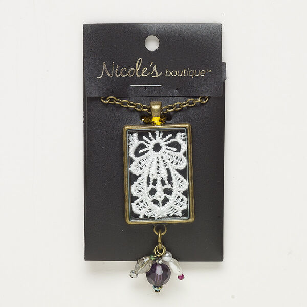 Necklace, glass / fabric / acrylic /  antique brass-finished "pewter" (zinc-based alloy) / steel, multicolored, 68x27mm rectangle, 24 inches with lobster claw clasp. Sold individually. image number 0