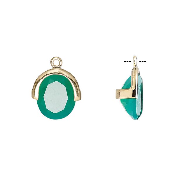 Drop, green onyx (dyed) and gold-finished sterling silver, 13x12.5mm single-sided faceted oval. Sold individually. image number 0
