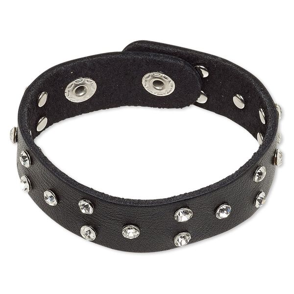Bracelet, leather (dyed) / glass rhinestone / imitation rhodium-finished steel, black and clear, 22mm wide with rivets, adjustable at 6 and 7 inches with double snap closure. Sold individually. image number 0