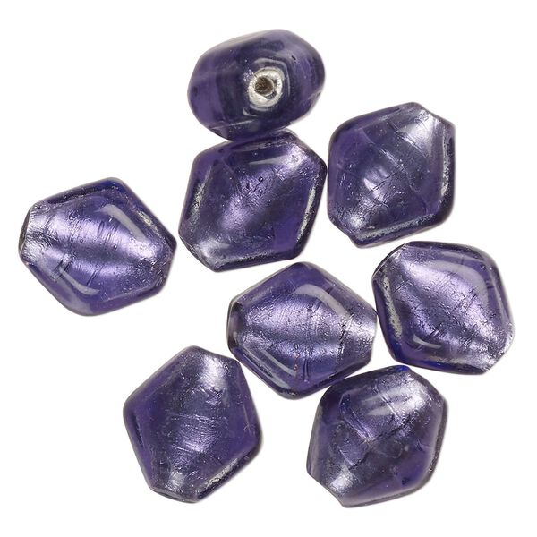 Bead, lampworked glass, opaque purple, 16x15mm-14x12mm puffed kite with silver-colored foil. Sold per pkg of 8. image number 0