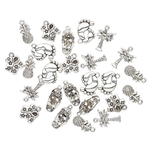 Charm, antique silver-plated "pewter" (zinc-based alloy), 16x9mm-20x10mm single- and double-sided assorted tropical theme. Sold per pkg of 25. image number 0