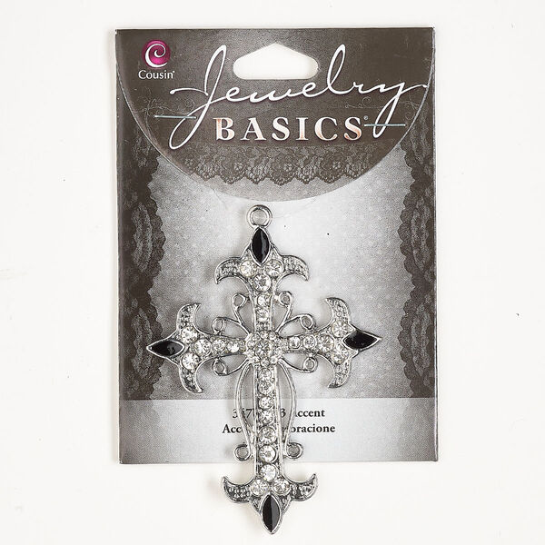Focal, silver-finished "pewter" (zinc-based alloy) / enamel / glass, clear and black, 3x2-inch cross. Sold individually. image number 0