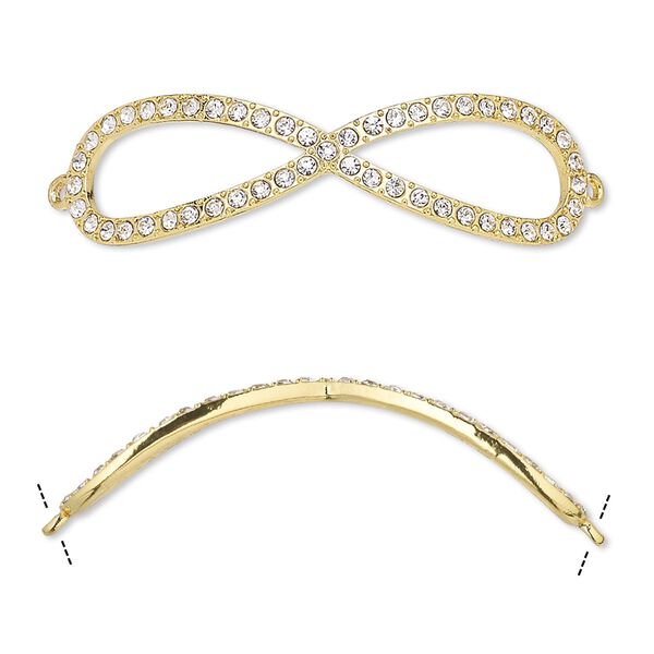 Focal, glass rhinestone and gold-finished "pewter" (zinc-based alloy), clear, 2-3/4 x 3/4 inch curved infinity. Sold individually. image number 0