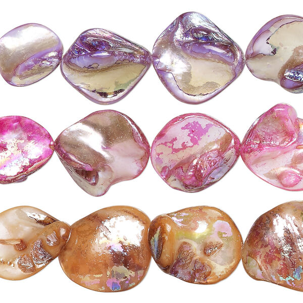 Bead mix, mother-of-pearl shell (bleached / dyed), multicolored AB, 12x9mm-27x24mm freeform with 0.4-0.6mm hole, Mohs hardness 3-1/2. Sold per pkg of (3) 15-inch strands. image number 0