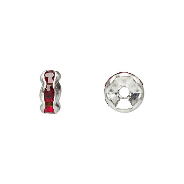 Bead, glass rhinestone and silver-plated brass, garnet red, 8x4mm rondelle. Sold per pkg of 10. image number 0