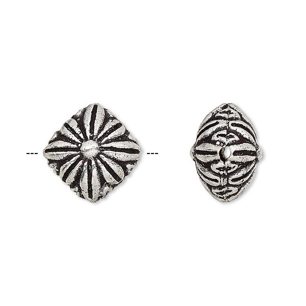 Bead, antiqued silver-finished brass, 14x14mm puffed diamond with flower. Sold per pkg of 2. image number 0