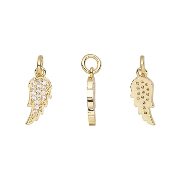 Charm, cubic zirconia and gold-finished brass, clear, 13x6mm single-sided wing with 5mm jump ring. Sold per pkg of 2. image number 0