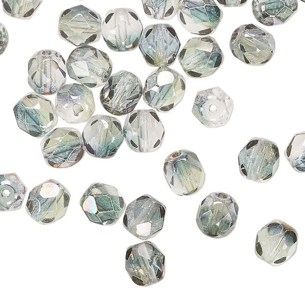 Bead 1pkg60 Czech fire-polished glass, green and grey luster, 6mm faceted round. image number 0