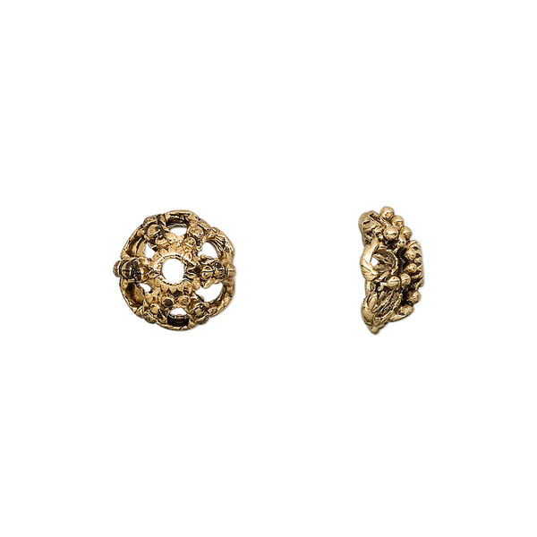 Bead cap, antique gold-finished "pewter" (zinc-based alloy), 10x4mm filigree saucer, fits 8-10mm bead. Sold per pkg of 24. image number 0