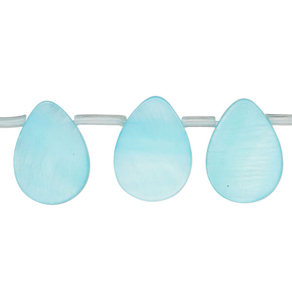 Bead, mother-of-pearl shell (dyed), blue, 16x7mm-16x11mm top-drilled flat teardrop, Mohs hardness 3-1/2. Sold per 14-inch strand, approximately 25 beads. image number 0