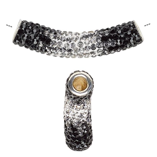 Bead, Dione®, resin / glass rhinestone / silver-plated brass, black / grey / clear, 47x9mm curved tube, 4mm hole. Sold individually. image number 0