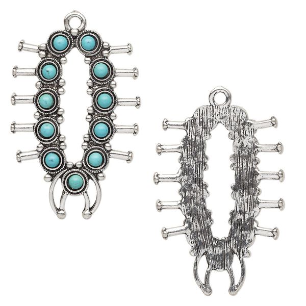 Focal, "turquoise" (resin) (imitation) and antique silver-finished "pewter" (zinc-based alloy), turquoise blue, 54x37mm single-sided miniature squash blossom necklace design. Sold individually. image number 0
