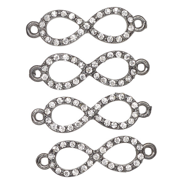 Link, gunmetal-finished "pewter" (zinc-based alloy) and glass, clear, 26x10mm infinity. Sold per pkg of 4. image number 0