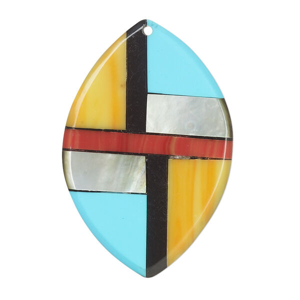 Focal, black lip shell and resin, multicolored, 38x25mm single-sided flat marquise with Santa Fe design. Sold individually. image number 0