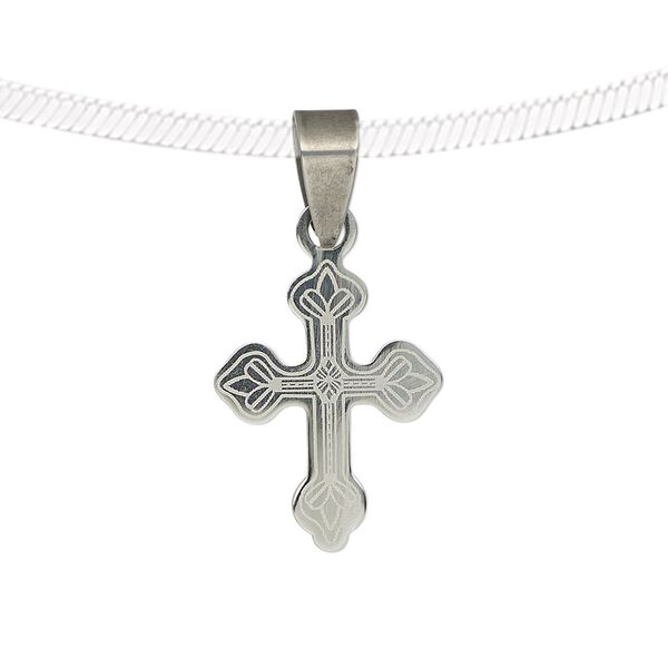 Pendant, stainless steel, 21x16mm single-sided matte and shiny etched cross. Sold individually. image number 0