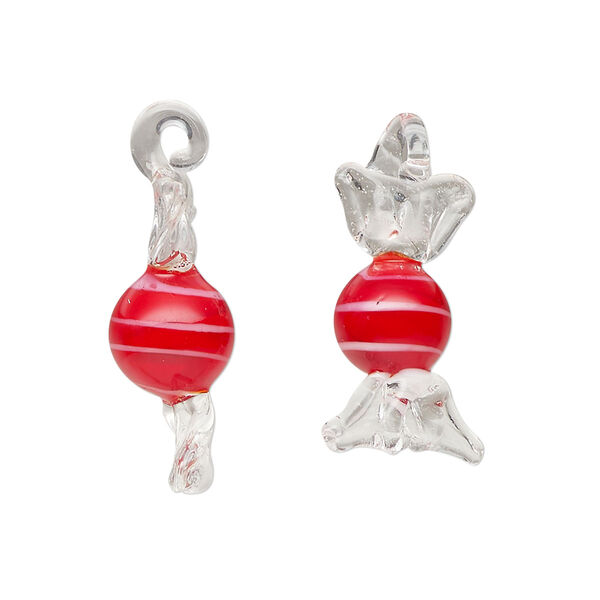 Drop, lampworked glass, translucent red / white / clear, 20x10mm-25x15mm candy. Sold per pkg of 2. image number 0
