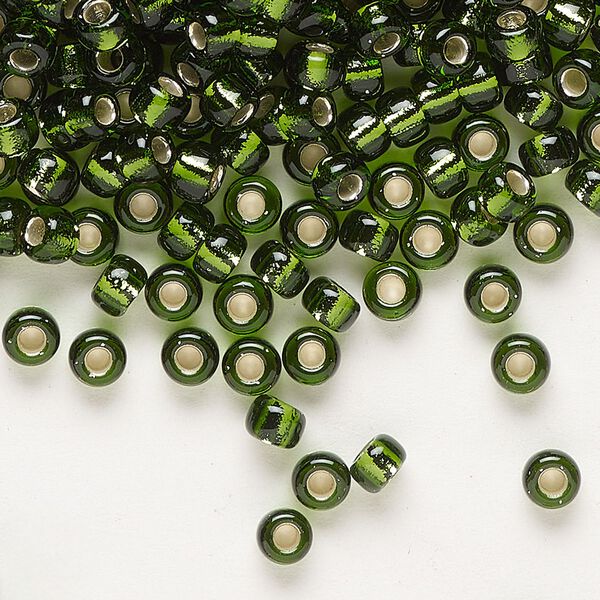 Seed bead, Miyuki, glass, pkg/250g, #6 rocaille, transparent silver-lined olive green (RR-26). image number 0
