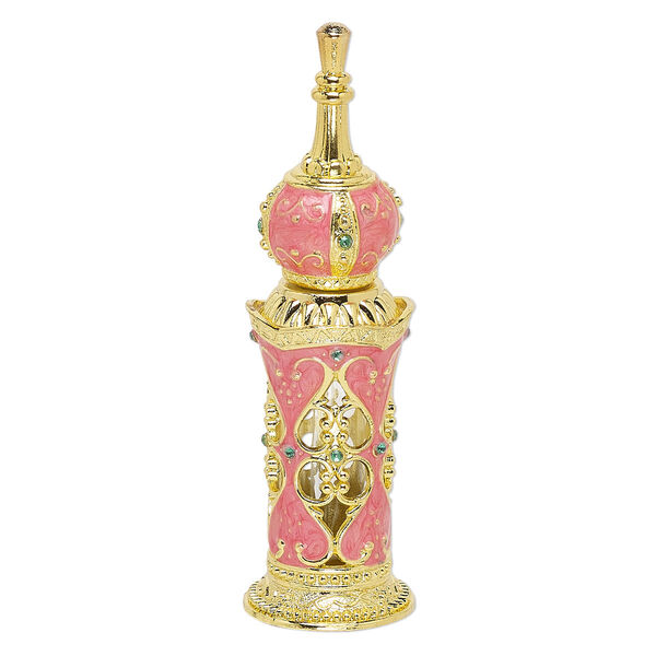 Perfume bottle, glass / enamel / gold-finished "pewter" (zinc-based alloy), pink and green, 4-1/2 x 1-1/4 inches with cutout double heart design, glass dauber and threaded stopper. Sold individually. image number 0