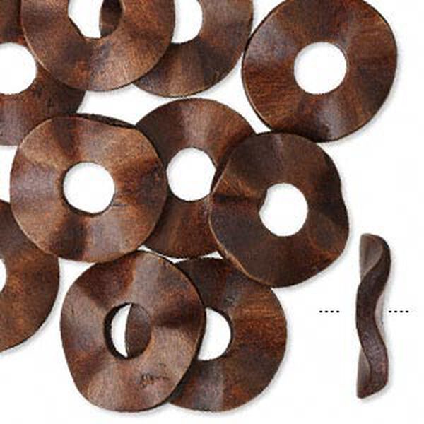 Focal, wood (dyed), dark brown, 33mm hand-cut wavy round donut. Sold per pkg of 10. image number 0