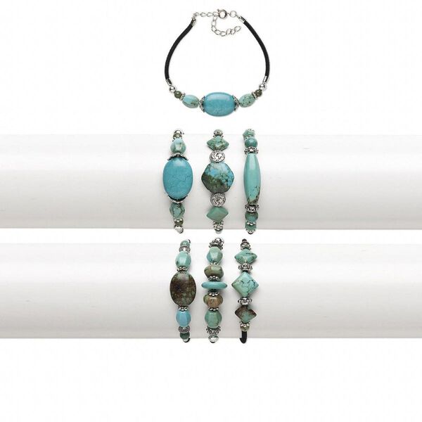 Magnesite / steel / ccb plastic 1pkg3, silver-finished bracelet mix 7.5 inch / 2 inch extender chain / springring clasp / 11-16mm wide image number 0