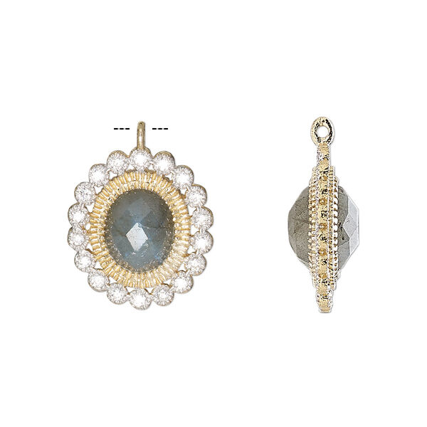 Drop, labradorite (natural) / cubic zirconia / gold-finished sterling silver, clear, 17x15mm single-sided faceted oval. Sold individually. image number 0
