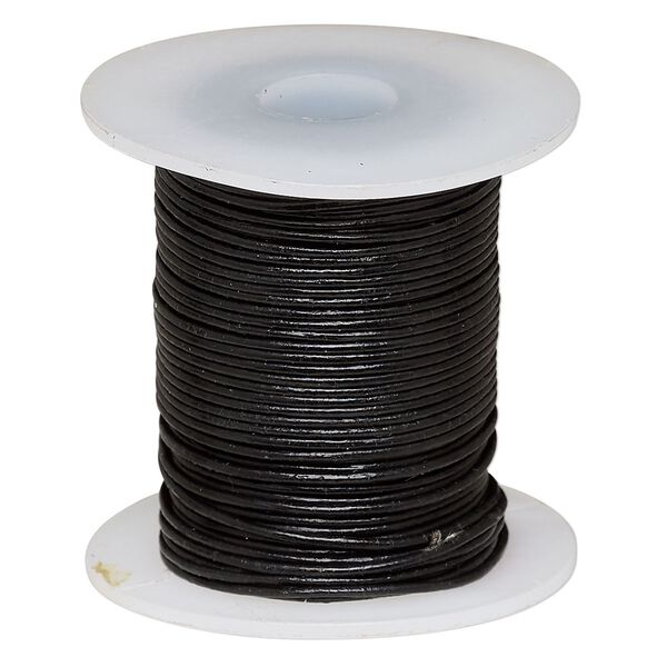 Cord, leather (dyed), black, 0.5-0.8mm round. Sold per 25-yard spool. image number 0